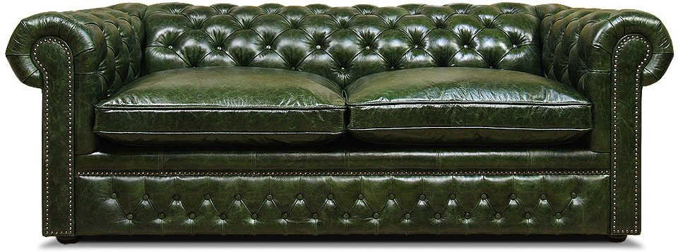 зеленый кожаный диван честер с механизмом трансформации