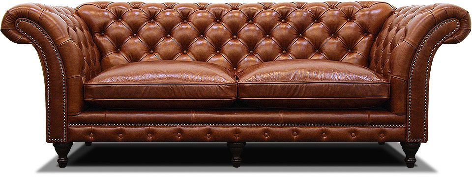 коричневый кожаный диван честер на ножках с изогнутыми подлокотниками