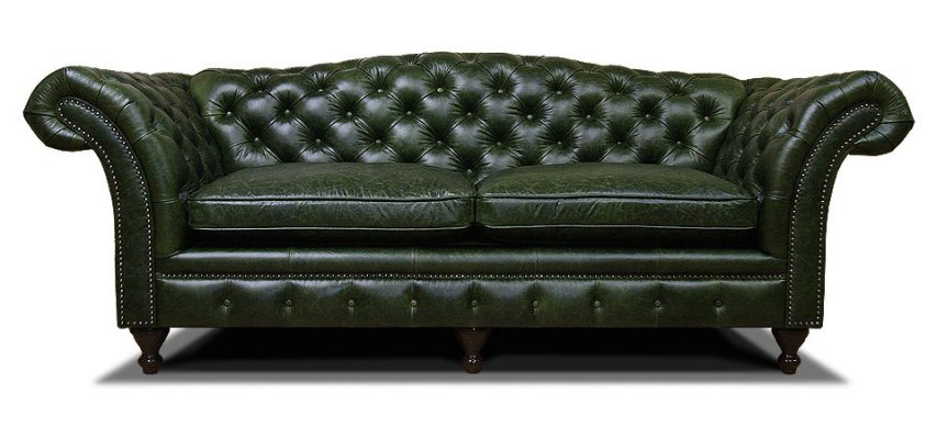 зеленый двухместный кожаный диван честер на ножках